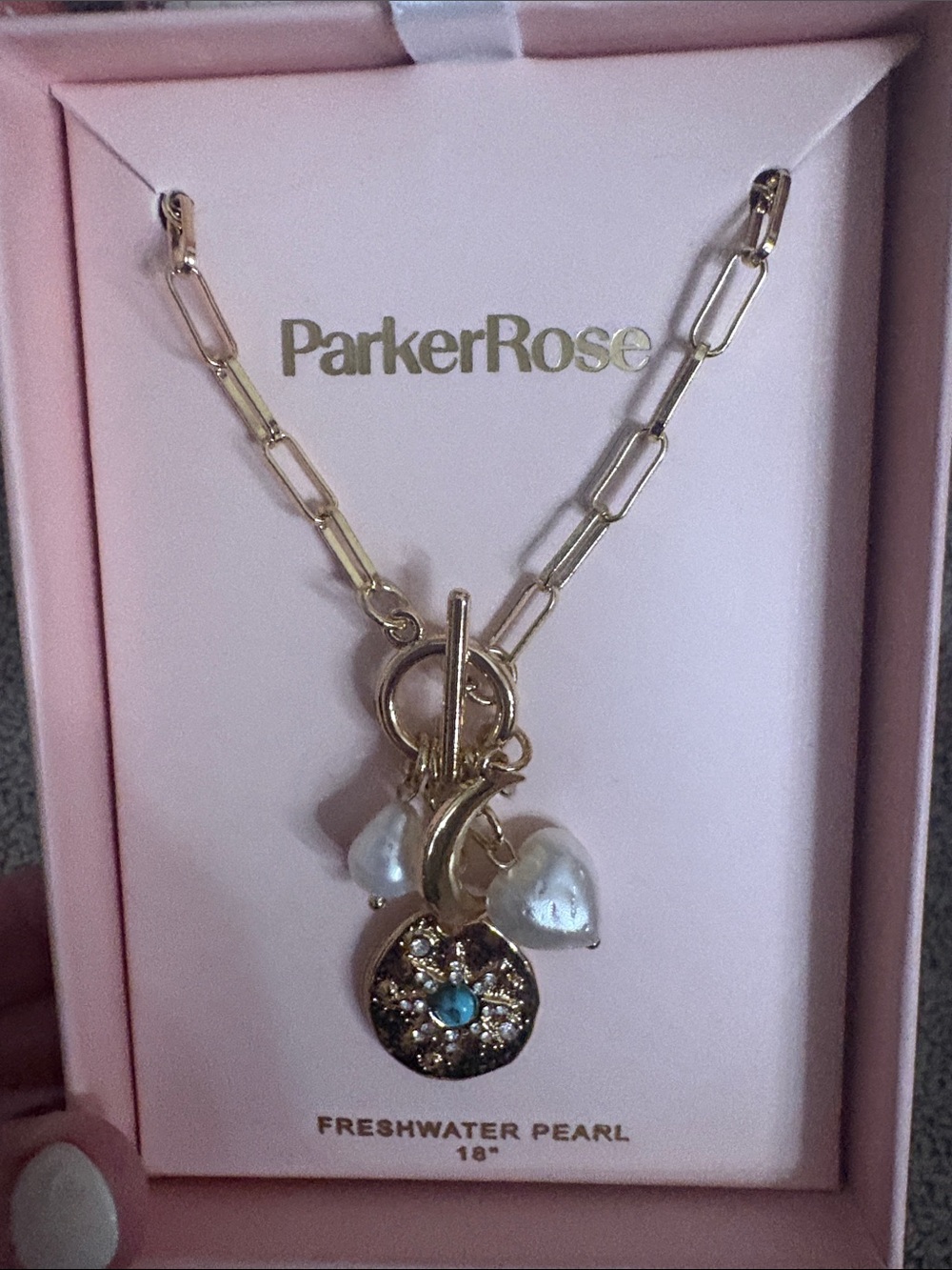 Parker Gold Link Necklace with White Pearls and Blue Accent Charm